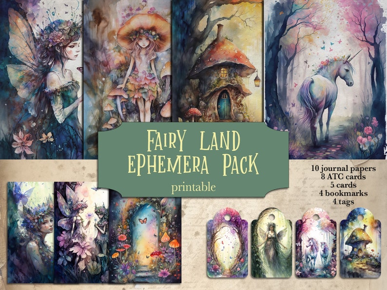 Fairy Land Junk Journal Kit, Fairy Ephemera Pack, Fairies Atc Cards, Fairy Scrapbooking, Papers, Pages, Printable, Digital, Cards, Scrapbook image 1