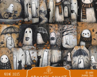 May include: A collage of whimsical illustrations featuring friendly ghosts in various scenes. Some ghosts are riding bikes, holding umbrellas, or wearing scarves. The artwork has a vintage, hand-drawn style with a muted color palette. The text reads "Spooky Ghost Mini Ephemera Pack."