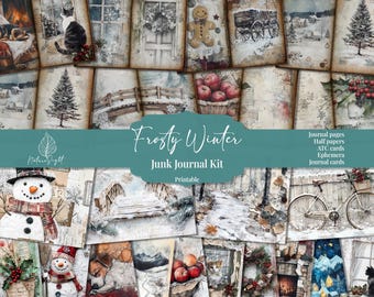 Frosty Winter Junk Journal Kit: Printbare ephemera, kaarten (digitale download)