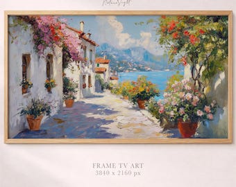 Italian Coastal Town Frame TV Art | Mediterranean Sea TV Screensaver | Travel Home Decor | Floral Seaside Village | Samsung Frame TV Art