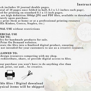 May include: Printable journal pages with instructions for personal and commercial use. The text mentions that the pages are 8.5 x 5.5 inches and are available as high-resolution JPG and PDF files. The image also includes a download icon, a printer icon, and a pair of scissors.