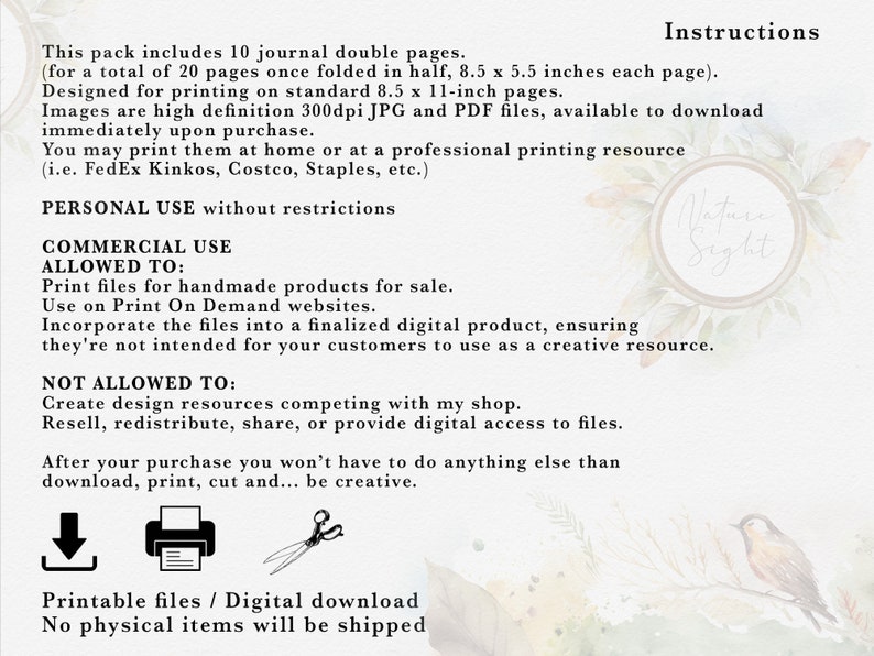 May include: Printable journal pages with instructions for personal and commercial use. The text mentions that the pages are 8.5 x 5.5 inches and are available as high-resolution JPG and PDF files. The image also includes a download icon, a printer icon, and a pair of scissors.