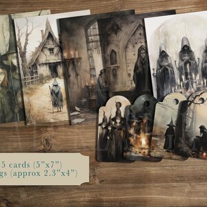 May include: Set of five 5x7 inch cards and four 2.3x4 inch tags featuring dark, moody, and whimsical illustrations of witches, a cottage, and a forest scene. The illustrations are in a watercolor style with muted colors.