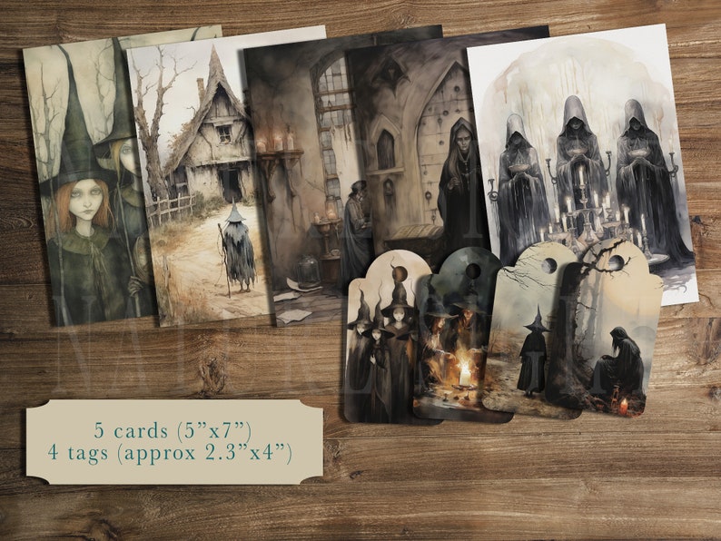 May include: Set of five 5x7 inch cards and four 2.3x4 inch tags featuring dark, moody, and whimsical illustrations of witches, a cottage, and a forest scene. The illustrations are in a watercolor style with muted colors.