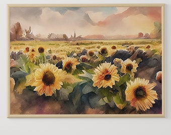 Sunflowers Watercolor Art Print, Rustic Floral Decor, Tuscany Art Print, Farmhouse Home Decor