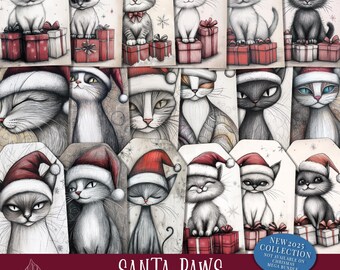 Mini set di elementi decorativi stampabili a tema natalizio con zampe di Babbo Natale: targhette per gatti e cartoline ATC (download digitale)