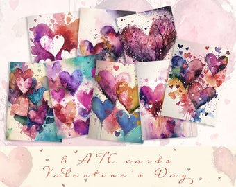 Hart ATC-kaarten Valentijnsdag: afdrukbare aquarelcollage (digitale download)