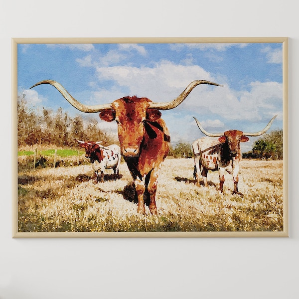 Texas Longhorn Art Print, Western Painting, Nursery Wall Decor, Longhorn Cow Watercolor Art Print, Digital Download