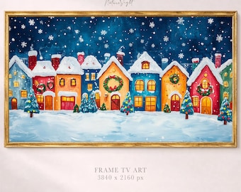 Op de afbeelding: Een digitaal schilderij van een besneeuwde dorpsstraat in de nacht, met kleurrijke huizen met verlichte ramen, versierd met kerstkransen en kleine dennenbomen. De donkerblauwe lucht is gevuld met vallende witte sneeuwvlokken.