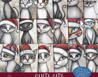 Biglietti di auguri natalizi con gatti di Babbo Natale stampabili – Decorazioni natalizie con gatti per junk journal (download digitale)
