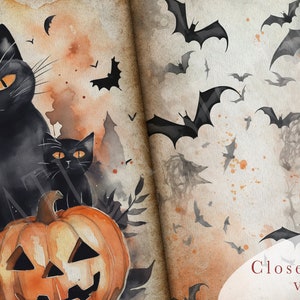 May include: A watercolor painting of a Halloween scene with three black cats, a jack-o'-lantern, and bats flying in the background. The cats are sitting in front of the pumpkin, which has a carved face. The background is a light brown color with orange and brown watercolor washes.