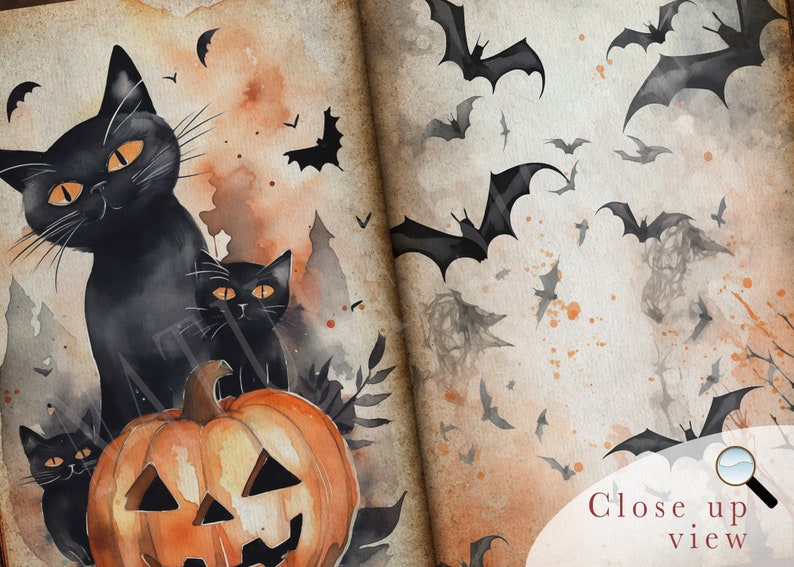 May include: A watercolor painting of a Halloween scene with three black cats, a jack-o'-lantern, and bats flying in the background. The cats are sitting in front of the pumpkin, which has a carved face. The background is a light brown color with orange and brown watercolor washes.