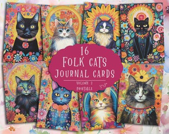 Folk Cat Journal Cards: Vintage Floral Ephemera (Digital Download)