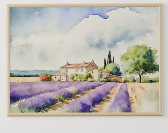 Lavender Field Art Print | Provence Watercolor Landscape (Digital Download)