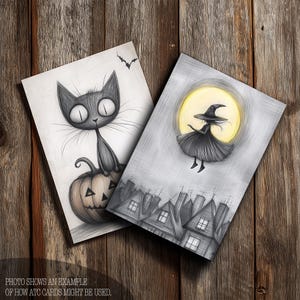 May include: Two Halloween-themed art cards. One features a black cat sitting on a carved pumpkin. The other depicts a witch flying in front of a full moon over a cityscape. The cards are in grayscale with a sketched style.