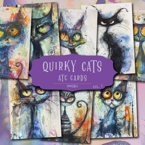 Cartões de gatos caprichosos ATC, pintura em aquarela para scrapbooking, páginas de diário digital de gatos abstratos, cartões de felicitações de gatos, folhas de colagem de gatos