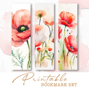 Red Poppies Printable Bookmarks, Floral Bookmarks Set of 3, Instant Download, Shabby Chic Bookmarks, Printable Art