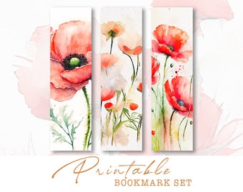 Red Poppies Printable Bookmarks, Floral Bookmarks Set of 3, Instant Download, Shabby Chic Bookmarks, Printable Art
