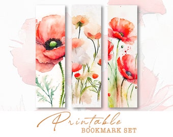 Juego de marcapáginas florales de amapolas rojas: Arte imprimible estilo shabby chic (descarga digital)