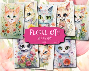 Biglietti d'auguri con gatti floreali ad acquerello: materiale effimero per junk journal (download digitale)