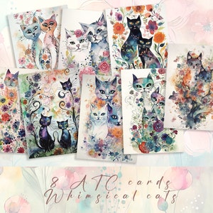 Cats Junk Journal Ephemera | Cartões ATC felinos vintage | Etiquetas para scrapbook imprimíveis | Colagem aconchegante de Cottagecore | Conjunto para download digital