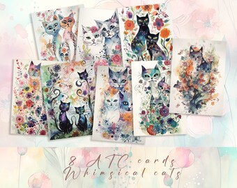 Tarjetas ATC de gatos vintage: efímeros estilo cottagecore, collage de álbum de recortes (descarga digital)