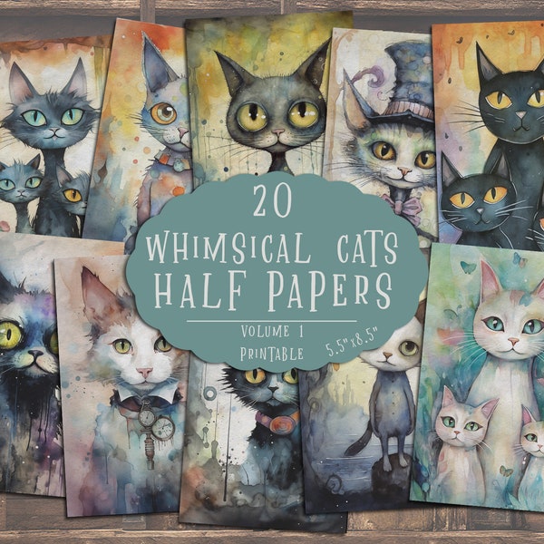 Whimsical Cats Journal Pages, Cats Printable Half Papers, Cats Junk Journal, Cats Scrapbook, Journaling, Ephemera, Scrapbooking, Collage