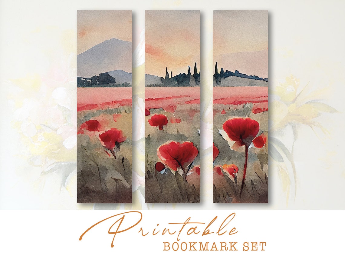Printable Bookmarks Red Poppies Bookmark Set Watercolor - Etsy