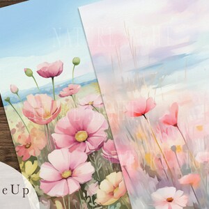 May include: A watercolor painting of a field of pink flowers with a blue sky in the background.