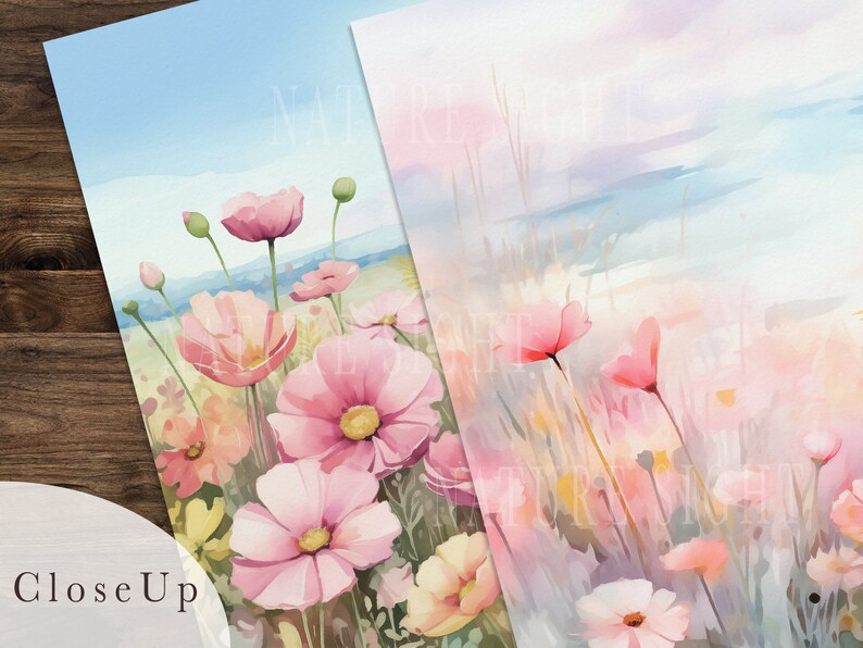 May include: A watercolor painting of a field of pink flowers with a blue sky in the background.
