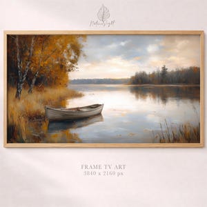 Autumn Lake Frame TV Art, Vintage Boat Painting, Fall Landscape Decor, Digital Download