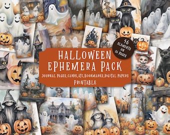 May include: A digital printable Halloween ephemera pack with 46 elements on 26 pages. The pack includes images of ghosts, pumpkins, cats, witches, and other Halloween-themed elements.