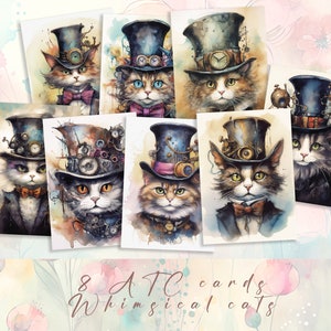 Cartões de diário de gatos steampunk | ATC de gato para impressão | Objetos efêmeros steampunk excêntricos | Páginas de scrapbook de gatos | Folhas de colagem digital