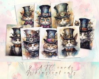 Cat ATC Cards: Whimsical Steampunk Cats Fantasy Scrapbook Cards (Digital Download)