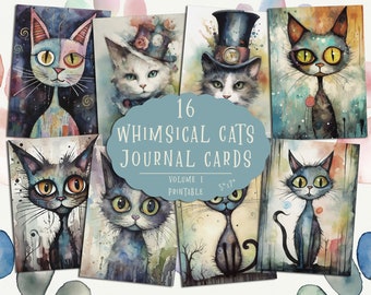 Whimsical Cat Watercolor Journal Cards: Printable Scrapbook Paper  (Digital Download)