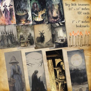 Pu&ograve; includere: Un set di 10 illustrazioni a tema streghe, tra cui un gruppo di streghe, un calderone, una capra e una stanza illuminata da candele. Le illustrazioni sono stampate su cartoncino e sono disponibili in due dimensioni: 6,35 x 8,89 cm e 5,08 x 17,78 cm. Il testo "Tiny little treasures" &egrave; scritto nella parte superiore dell'immagine.