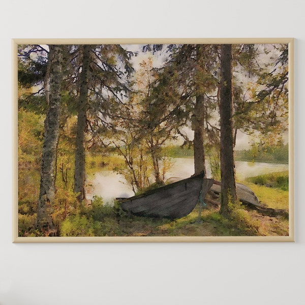 Impression d'art paysage de lac, aquarelle de lac finlandais, peinture de bateau de pêche, décoration murale Finlande, oeuvre d'art imprimable
