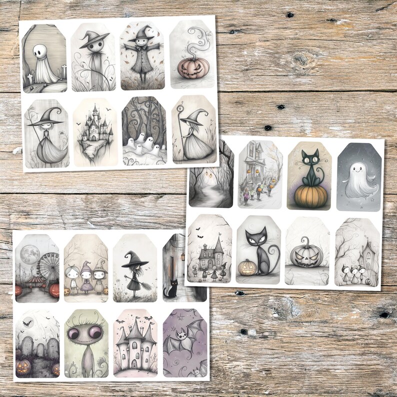 May include: A collection of Halloween-themed gift tags with whimsical illustrations in shades of gray and purple. The tags feature images of ghosts, witches, pumpkins, haunted houses, and bats, perfect for adding a spooky touch to gifts.