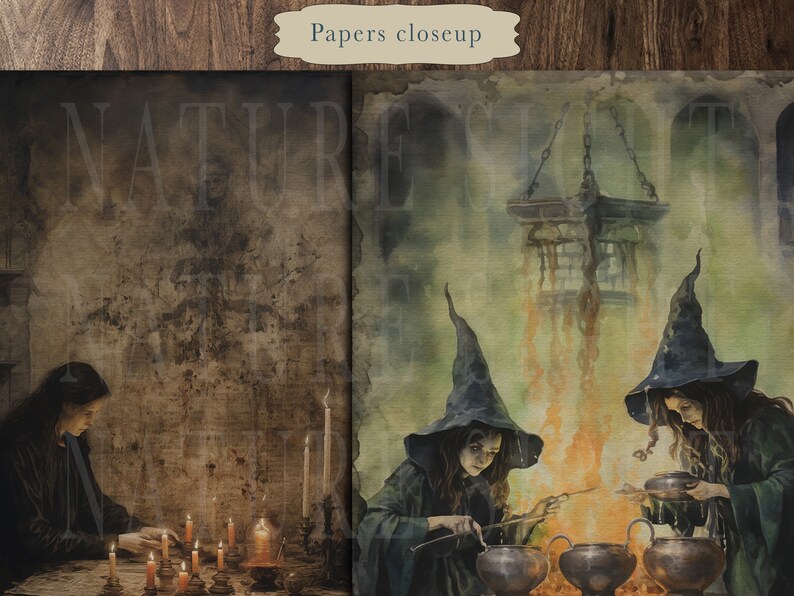 May include: Two witches in black pointed hats stir cauldrons over a fire in a dimly lit room. The room has a stone ceiling and a hanging lantern. The witches are wearing green robes and have long, dark hair.