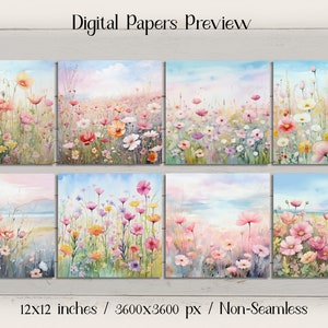 May include: Eight digital paper designs featuring watercolor paintings of a field of pink, white, and yellow flowers. The designs are 12x12 inches and 3600x3600 pixels.