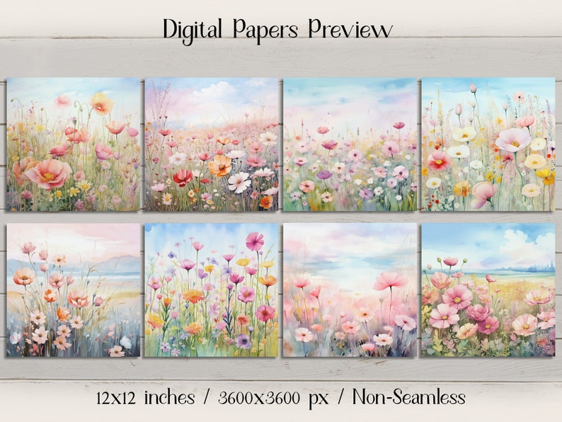 May include: Eight digital paper designs featuring watercolor paintings of a field of pink, white, and yellow flowers. The designs are 12x12 inches and 3600x3600 pixels.