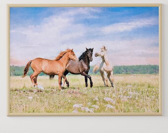 Horse watercolor painting, equestrian printable wall art, farmhouse decor, running horses print