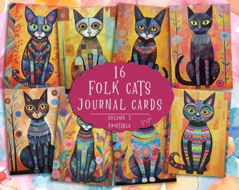 Folk Cat Journal Cards | Whimsical Colorful Cats Set (Digital Download)