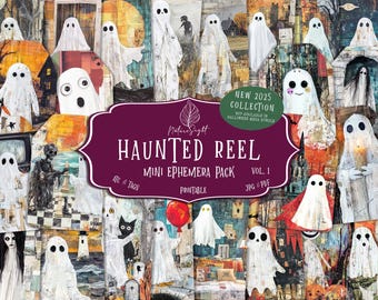 May include: A collection of ghost illustrations in a collage, set against a backdrop of vintage-style backgrounds. The image includes the text "HAUNTED REEL MINI EPHEMERA PACK VOL. 1" and "NEW 2025 COLLECTION". The artwork is suitable for ATC & Tags and is available in JPG & PDF formats.