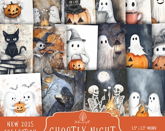 Halloween ATC Cards: Spooky Ghost, Black Cat, Witch (Digital Download)