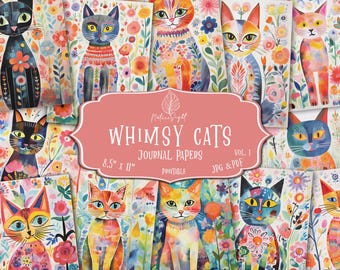 Whimsical Cat Junk Journal Pages | Colorful Feline Ephemera (Digital Download)