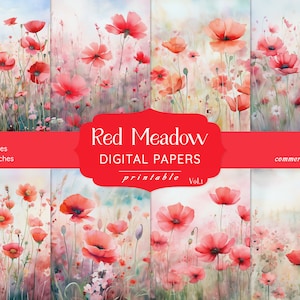 Papier numérique fleurs rouges, paquet de papier de scrapbooking floral, feuilles de collage coquelicots, carnet de bordel de printemps, scrapbooking, tenue de journal, découpage