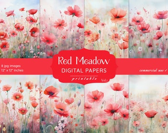Red Poppy Digital Paper Pack: Floral Scrapbook and Collage Sheets (Digital Download)