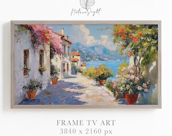 Italian Coastal Town Frame TV Art | Mediterranean Sea TV Screensaver | Travel Home Decor | Floral Seaside Village | Samsung Frame TV Art