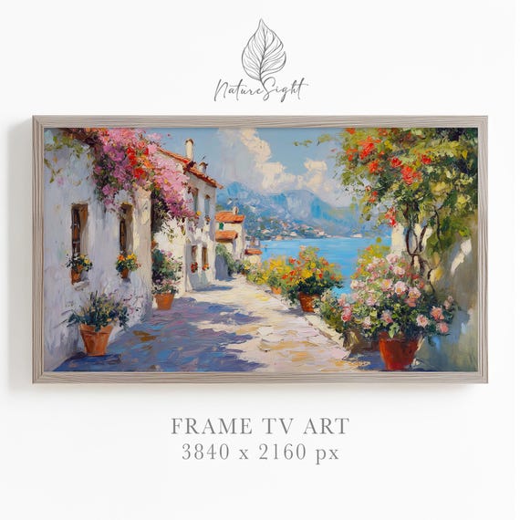 Italian Seaside Village Frame TV Art: Coastal Mediterranean Decor (Digital Download)